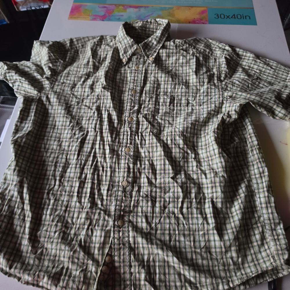 Eddie Bauer Mens Green Plaid Short Sleeve Button Down Shirt Size L Cotton